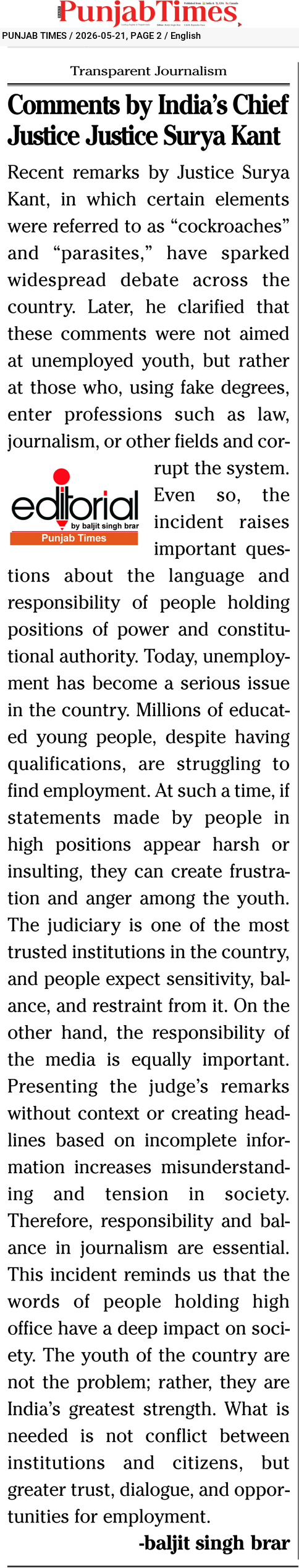 Comments by India’s Chief Justice Justice Surya Kant