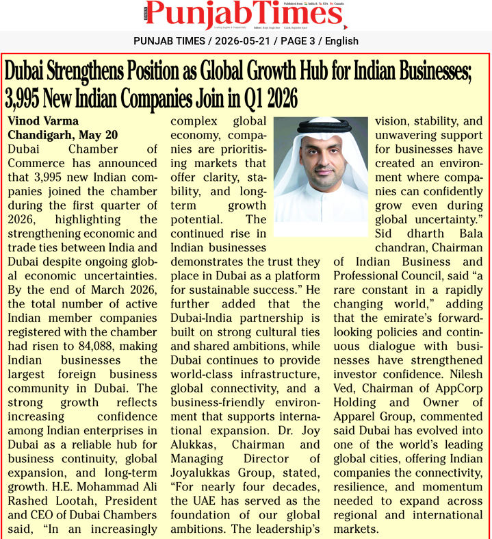 Dubai Strengthens Position as Global Growth Hub for Indian Businesses; 3,995 New Indian Companies Join in Q1 2026