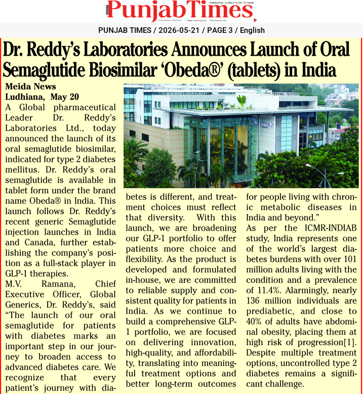 Dr. Reddy’s Laboratories Announces Launch of Oral Semaglutide Biosimilar ‘Obeda®’ (tablets) in India
