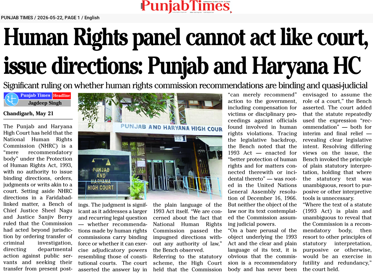 Human Rights panel cannot act like court, issue directions: Punjab and Haryana HC