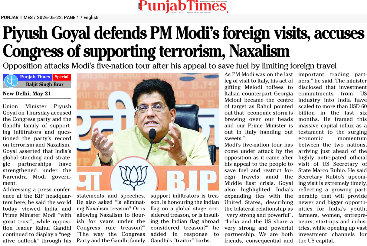 Piyush Goyal defends PM Modi’s foreign visits, accuses Congress of supporting terrorism, Naxalism