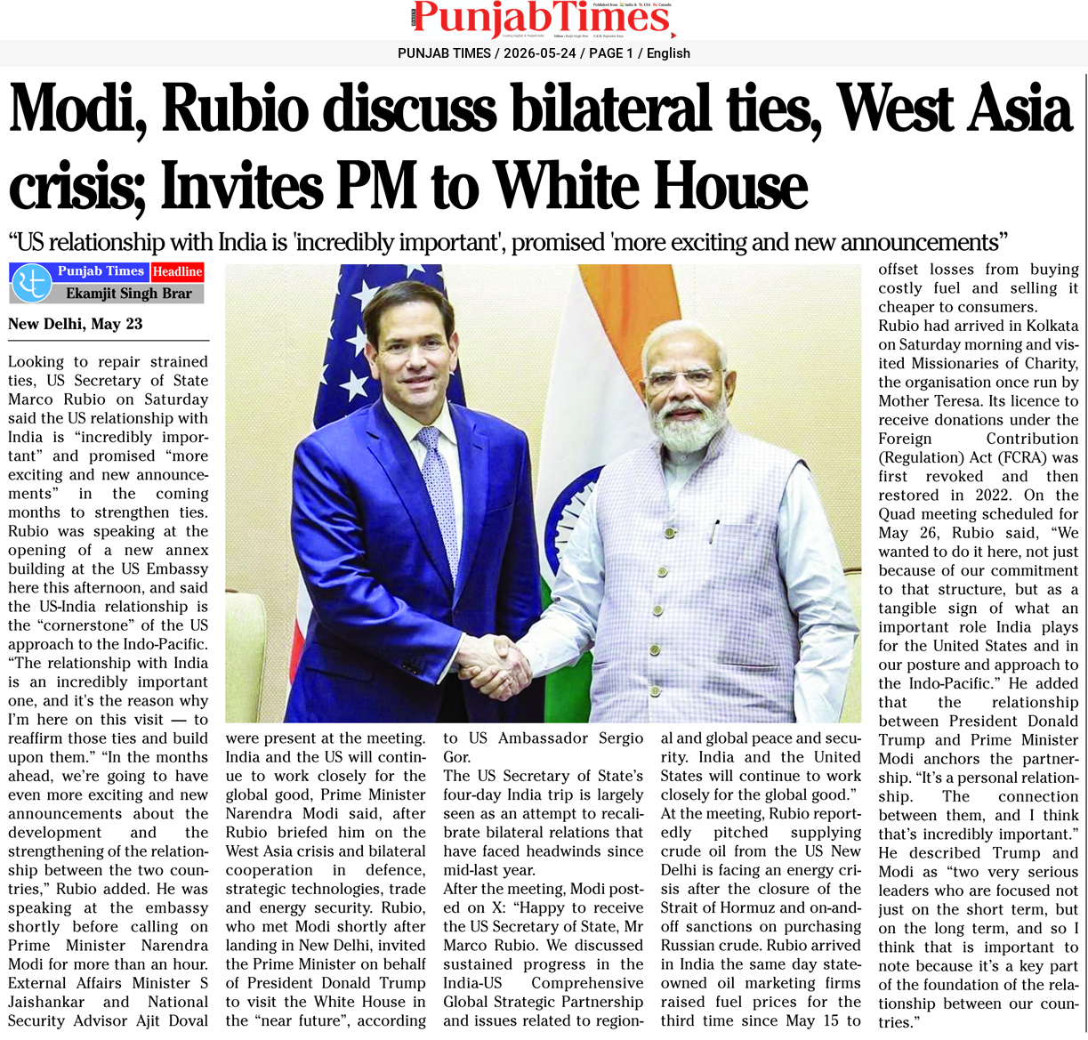 Modi, Rubio discuss bilateral ties, West Asia crisis; Invites PM to White House