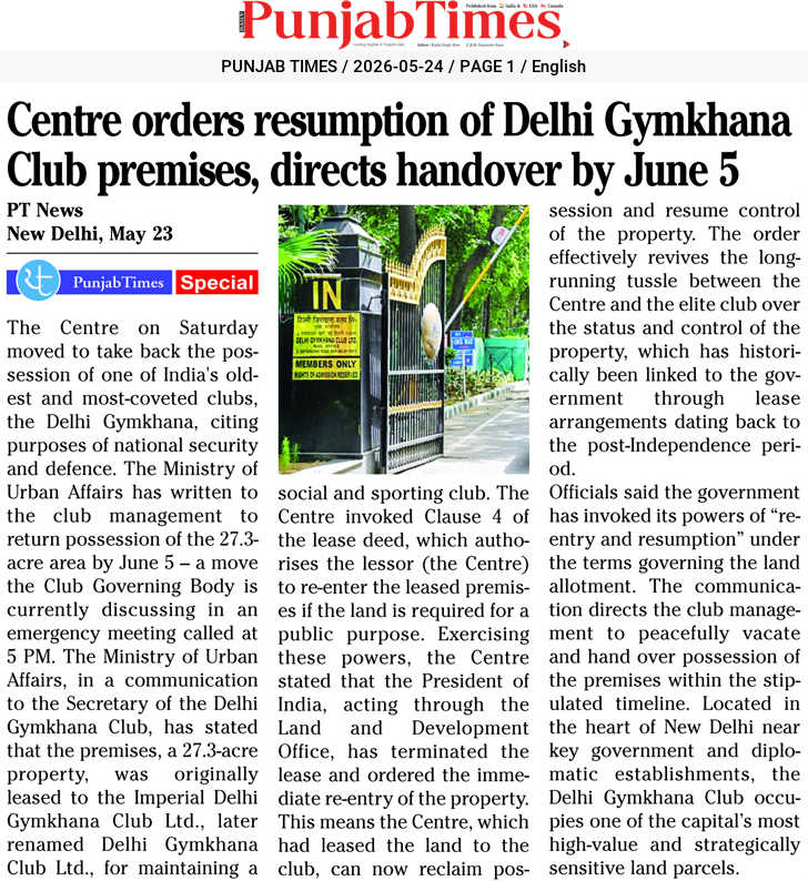 Centre orders resumption of Delhi Gymkhana Club premises, directs handover by June 5