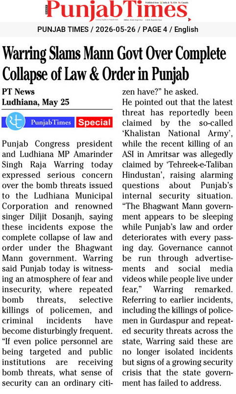 Warring Slams Mann Govt Over Complete Collapse of Law & Order in Punjab