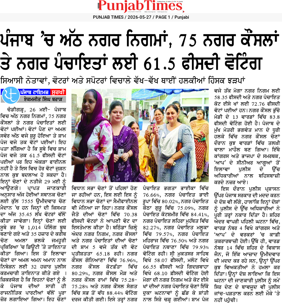 ਪੰਜਾਬ ‘ਚ ਅੱਠ ਨਗਰ ਨਿਗਮਾਂ, 75 ਨਗਰ ਕੌਂਸਲਾਂ ਤੇ ਨਗਰ ਪੰਚਾਇਤਾਂ ਲਈ 61.5 ਫੀਸਦੀ ਵੋਟਿੰਗ