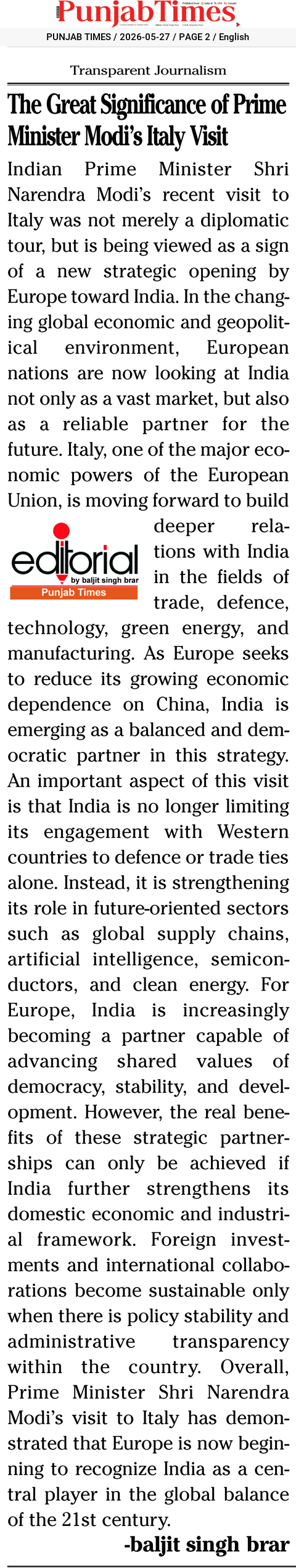 The Great Significance of Prime Minister Modi’s Italy Visit